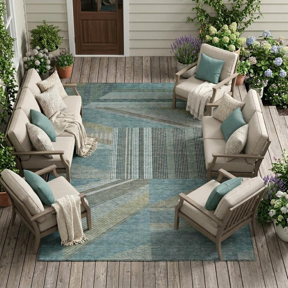 9' X 12' Teal Blue And Graphite Geometric Washable Indoor Outdoor Area Rug HomeRoots