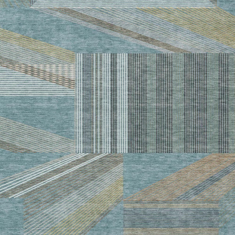 9' X 12' Teal Blue And Graphite Geometric Washable Indoor Outdoor Area Rug