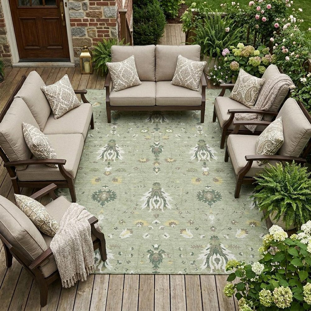 10' X 14' Green And Beige Oriental Washable Indoor Outdoor Area Rug HomeRoots
