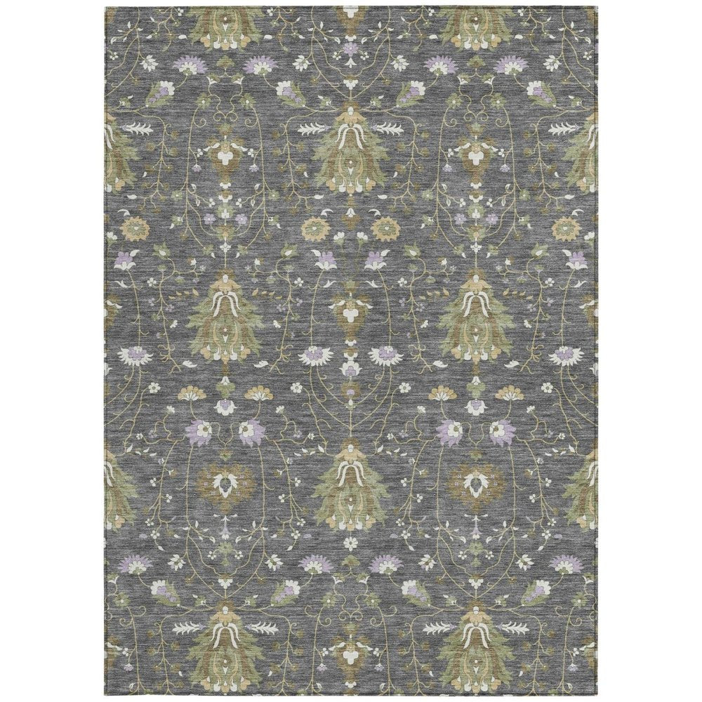 10' X 14' Gray And Graphite Oriental Washable Indoor Outdoor Area Rug