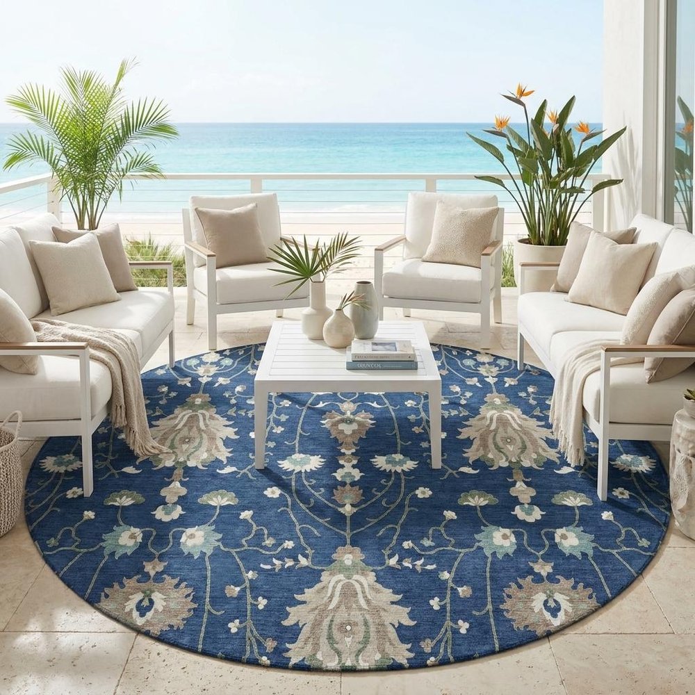 8' Navy Blue And Blue Round Oriental Washable Indoor Outdoor Area Rug HomeRoots