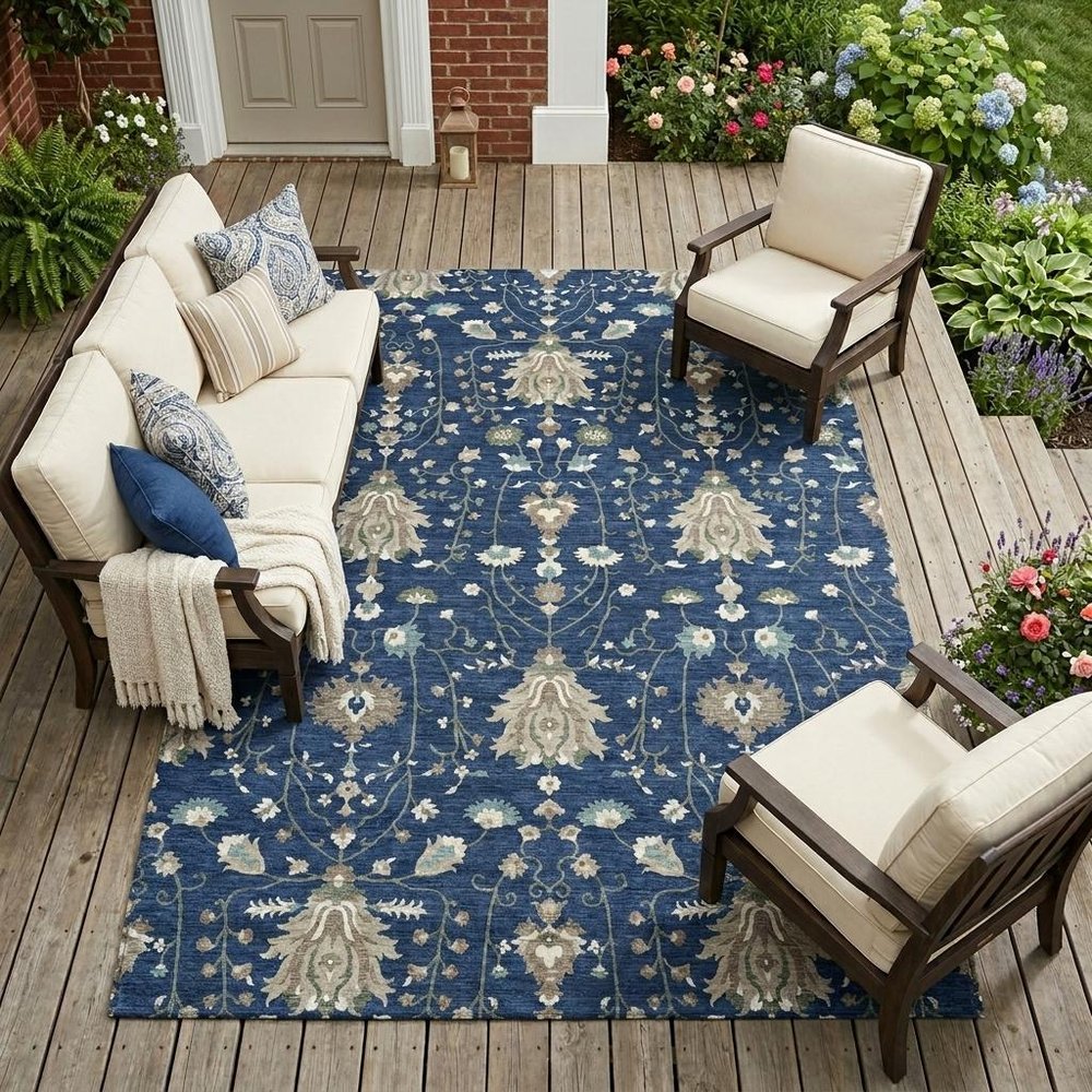 8' X 10' Navy Blue And Blue Oriental Washable Indoor Outdoor Area Rug HomeRoots