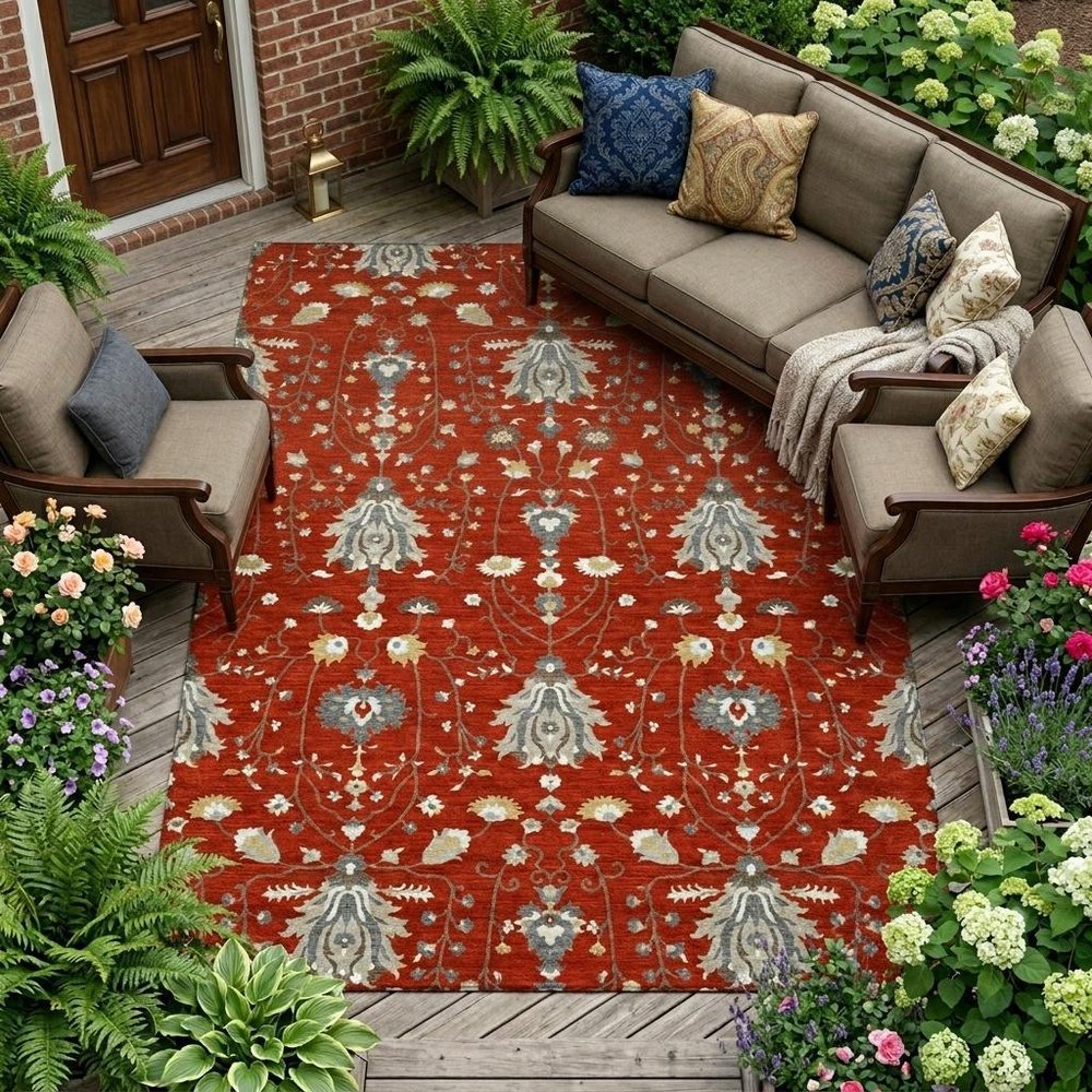 8' X 10' Red And Beige Oriental Washable Indoor Outdoor Area Rug HomeRoots
