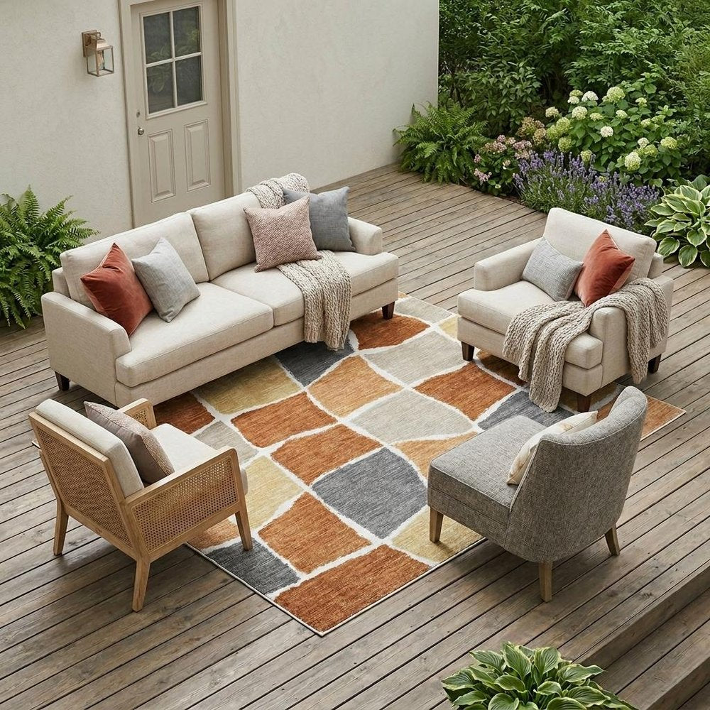 9' X 12' Orange And Beige Geometric Washable Indoor Outdoor Area Rug HomeRoots