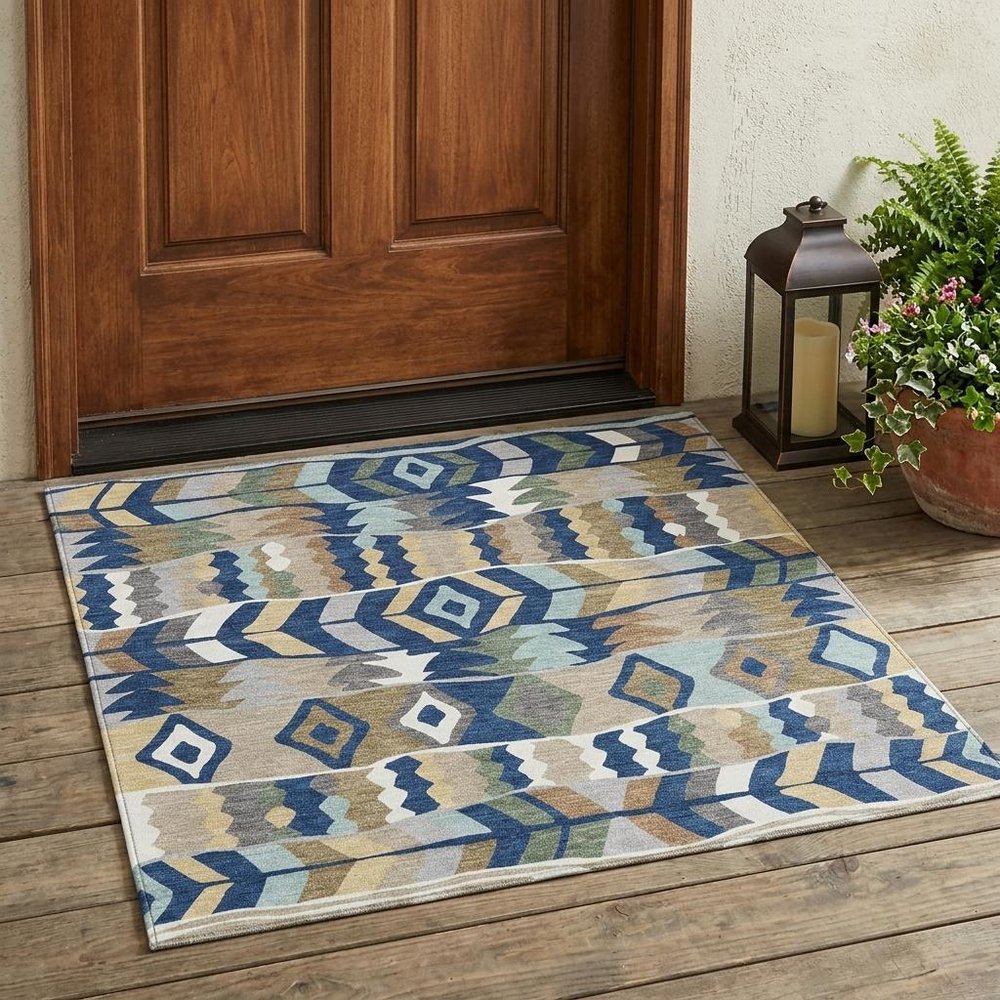 3' X 5' Navy Blue And Blue Geometric Washable Indoor Outdoor Area Rug HomeRoots