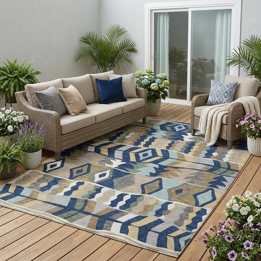 5' X 8' Navy Blue And Blue Geometric Washable Indoor Outdoor Area Rug HomeRoots