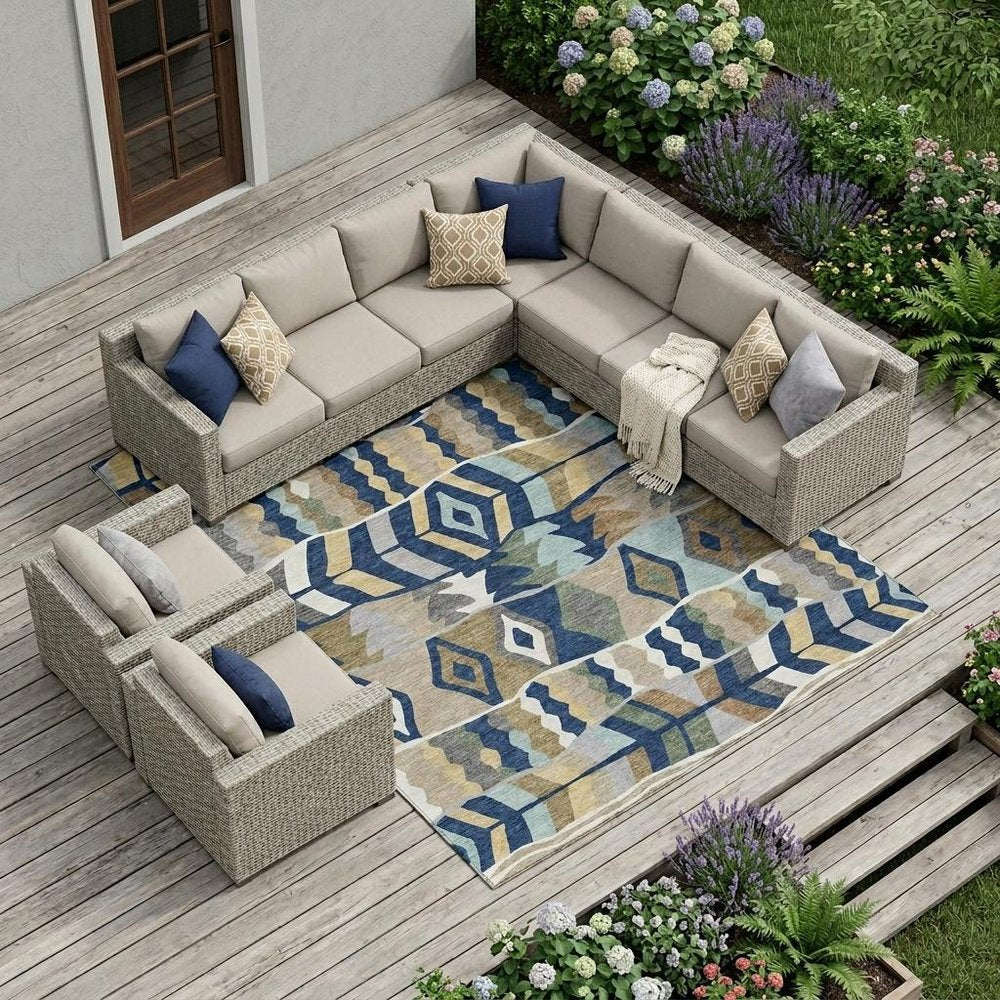 8' X 10' Navy Blue And Blue Geometric Washable Indoor Outdoor Area Rug HomeRoots