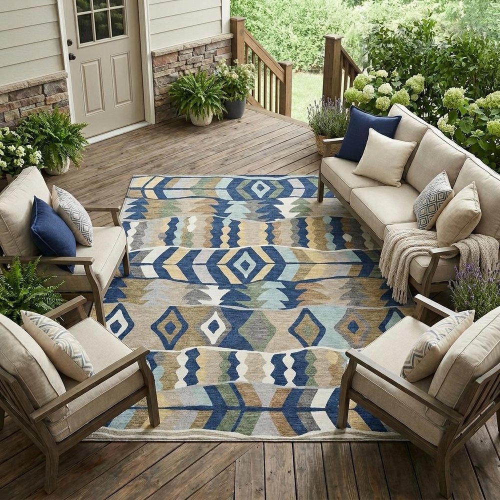 9' X 12' Navy Blue And Blue Geometric Washable Indoor Outdoor Area Rug HomeRoots