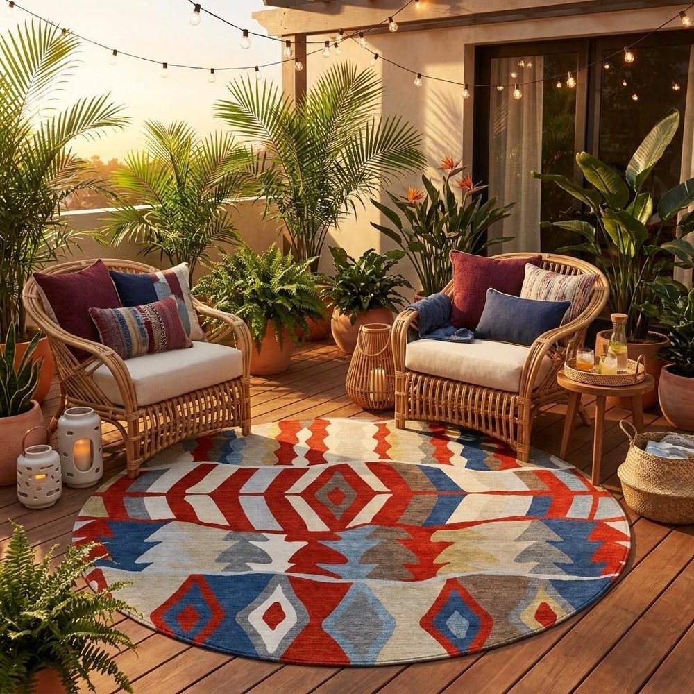 8' Red And Beige Round Geometric Washable Indoor Outdoor Area Rug HomeRoots