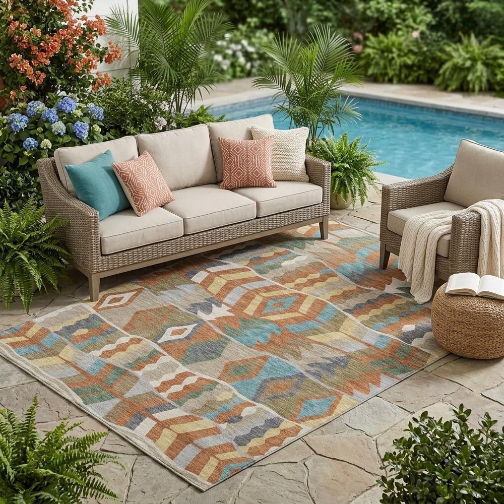 5' X 8' Rust And Orange Geometric Washable Indoor Outdoor Area Rug HomeRoots