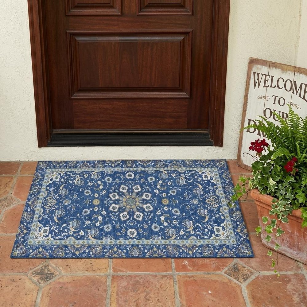 3' X 5' Blue And Silver Oriental Washable Indoor Outdoor Area Rug HomeRoots