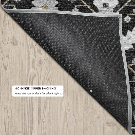 8' Black And Graphite Round Oriental Washable Indoor Outdoor Area Rug