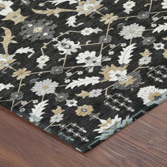 8' Black And Graphite Round Oriental Washable Indoor Outdoor Area Rug