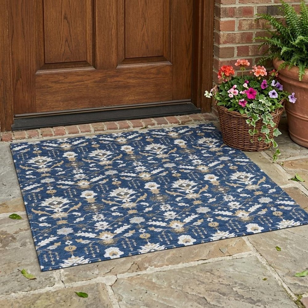 3' X 5' Navy Blue And Blue Oriental Washable Indoor Outdoor Area Rug HomeRoots
