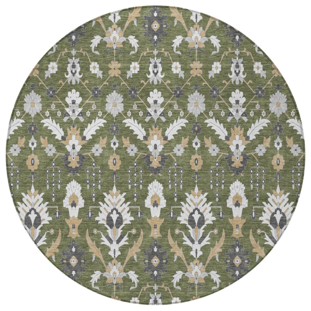 8' Olive Green And Green Round Oriental Washable Indoor Outdoor Area Rug