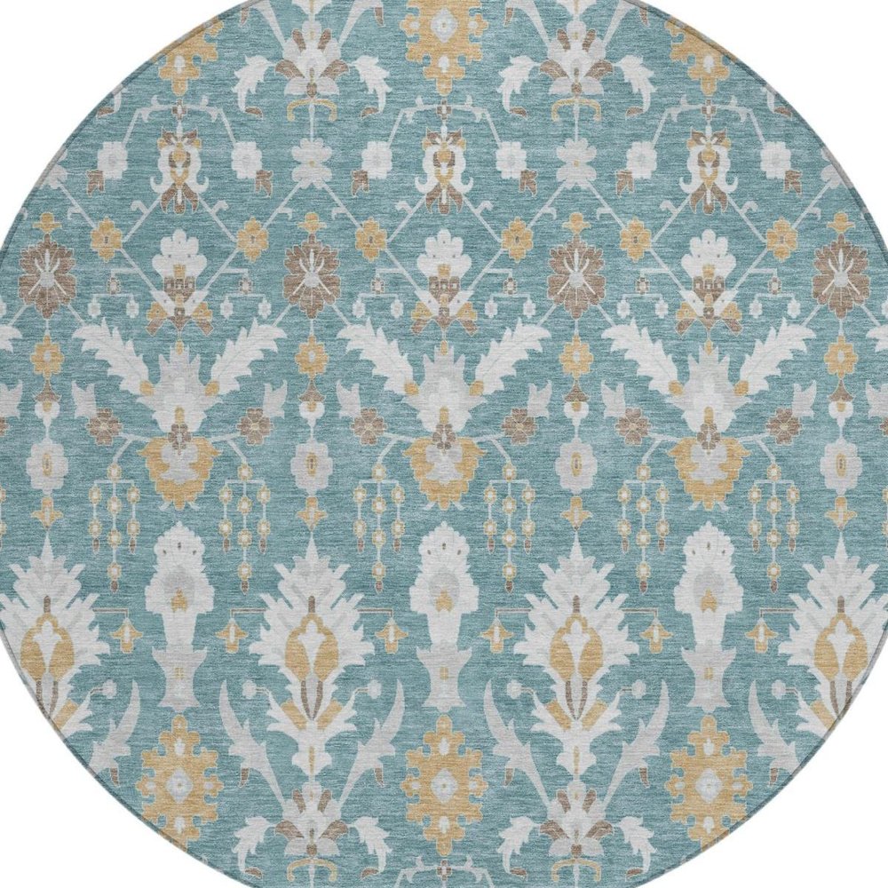 8' Teal Blue And Silver Round Oriental Washable Indoor Outdoor Area Rug