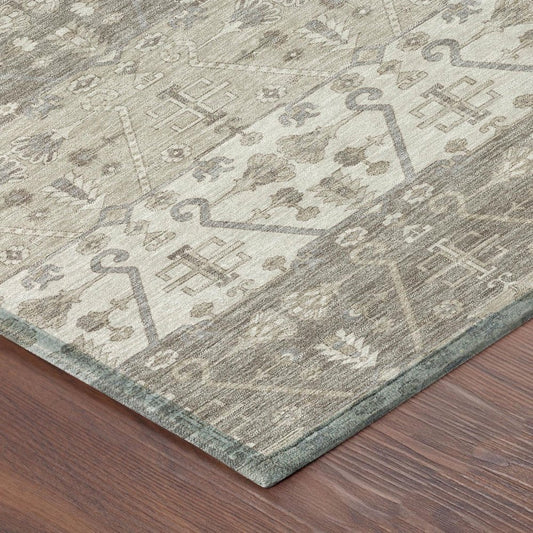 8' Beige And Brown Round Oriental Washable Indoor Outdoor Area Rug