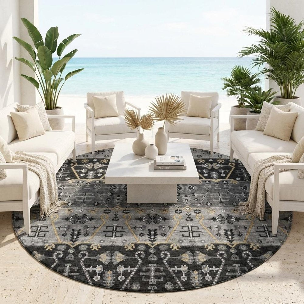8' Black And Graphite Round Oriental Washable Indoor Outdoor Area Rug HomeRoots