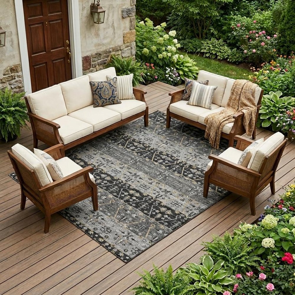 8' X 10' Black And Graphite Oriental Washable Indoor Outdoor Area Rug HomeRoots