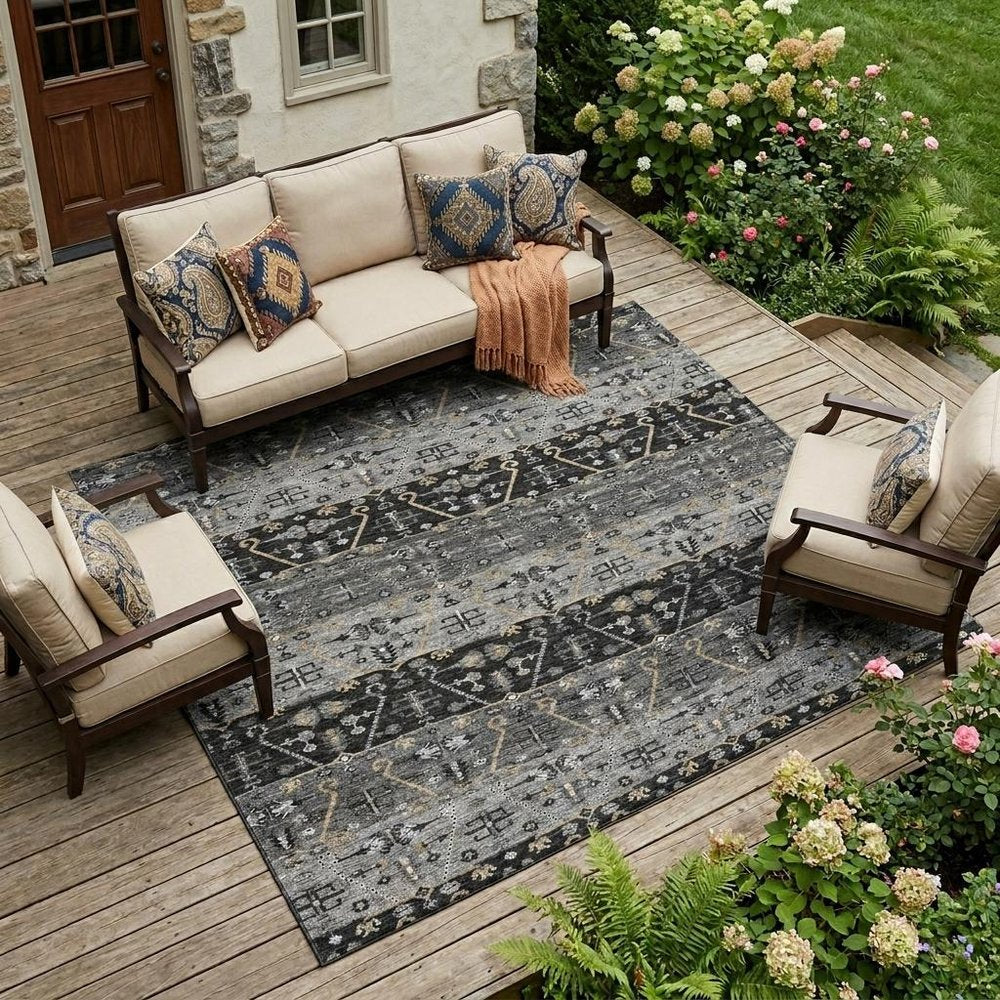 9' X 12' Black And Graphite Oriental Washable Indoor Outdoor Area Rug HomeRoots