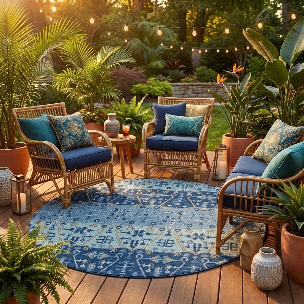 8' Navy Blue And Blue Round Oriental Washable Indoor Outdoor Area Rug HomeRoots
