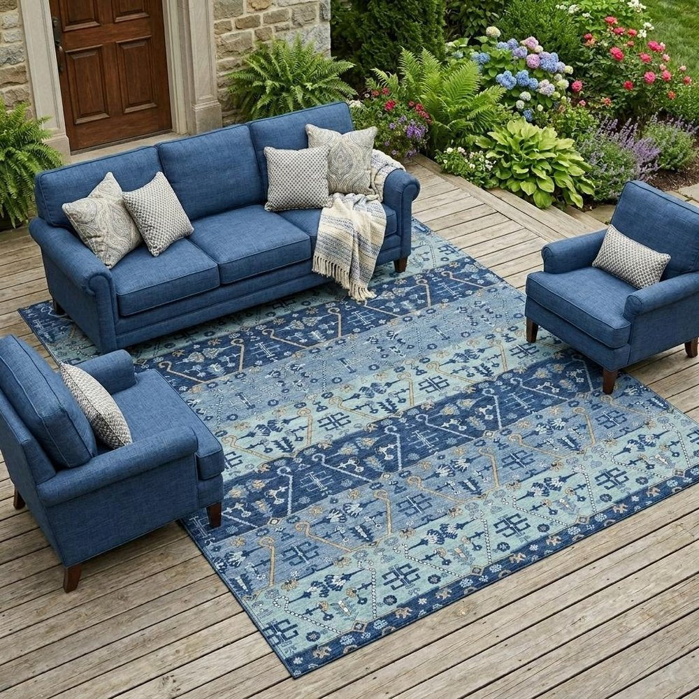 8' X 10' Navy Blue And Blue Oriental Washable Indoor Outdoor Area Rug HomeRoots
