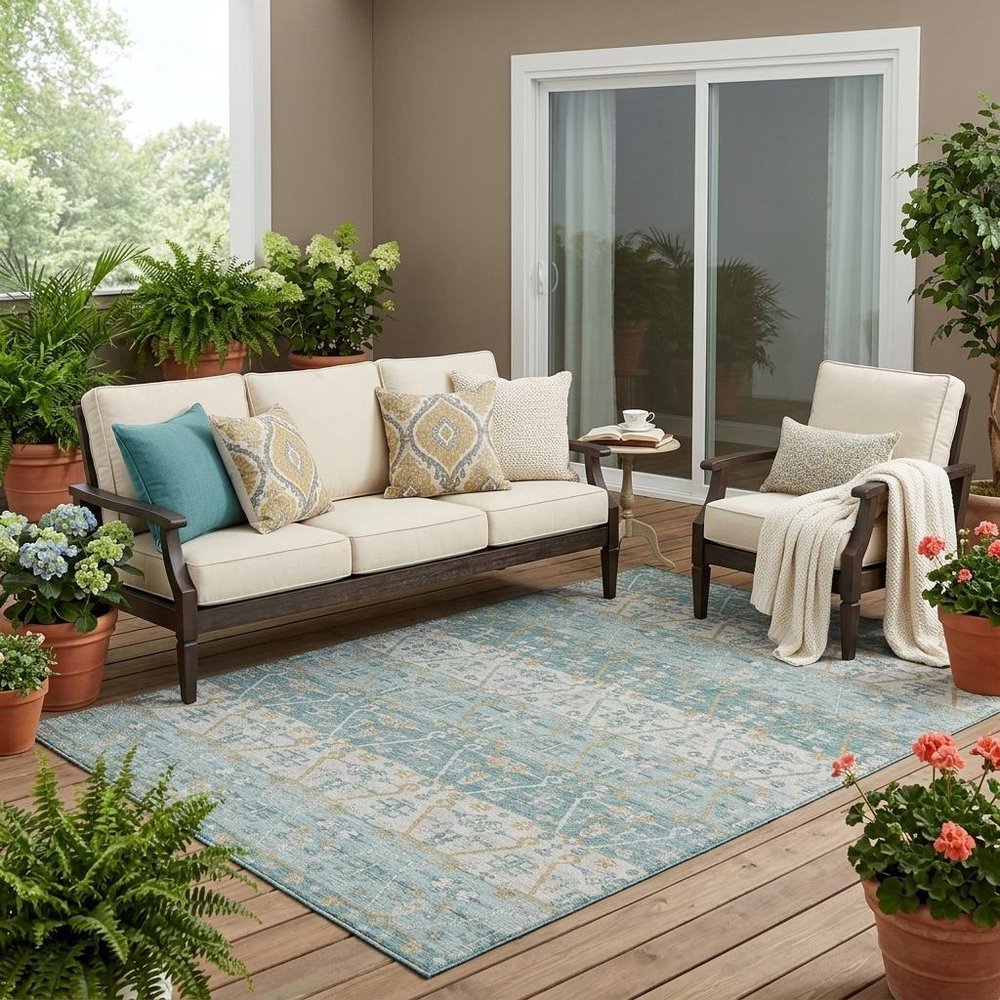 5' X 8' Teal Blue And Silver Oriental Washable Indoor Outdoor Area Rug HomeRoots