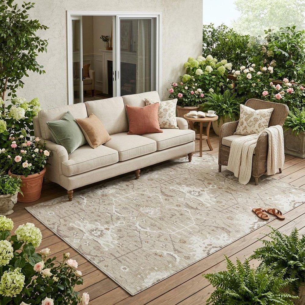 5' X 8' Beige And Brown Oriental Washable Indoor Outdoor Area Rug HomeRoots