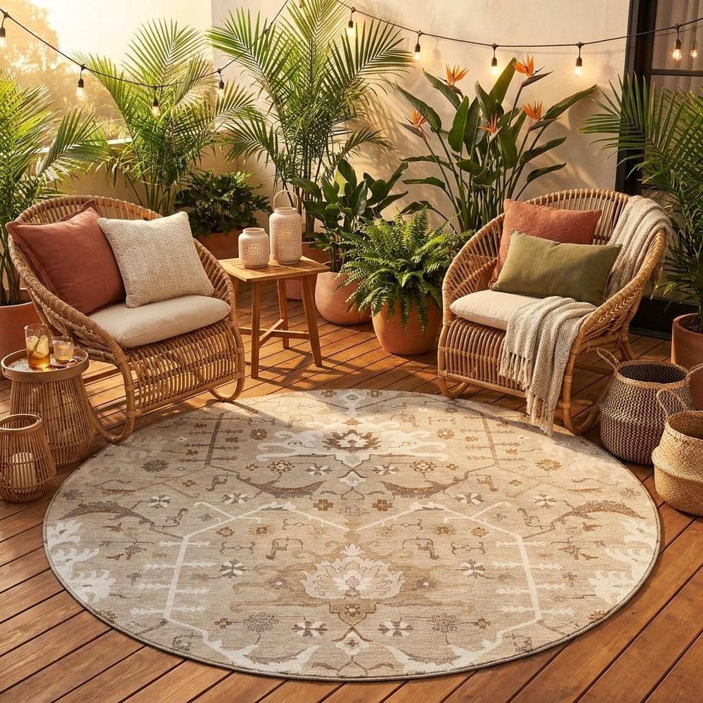 8' Beige And Brown Round Oriental Washable Indoor Outdoor Area Rug HomeRoots
