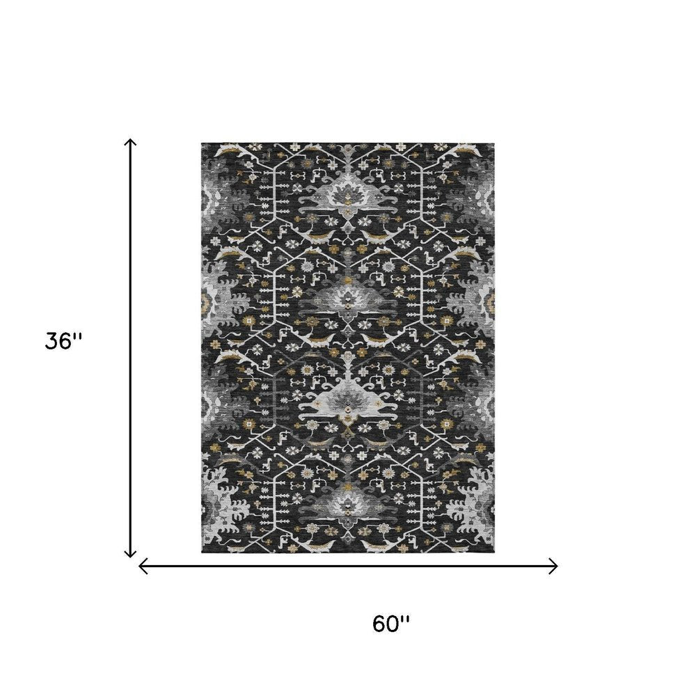 3' X 5' Black And Graphite Oriental Washable Indoor Outdoor Area Rug HomeRoots