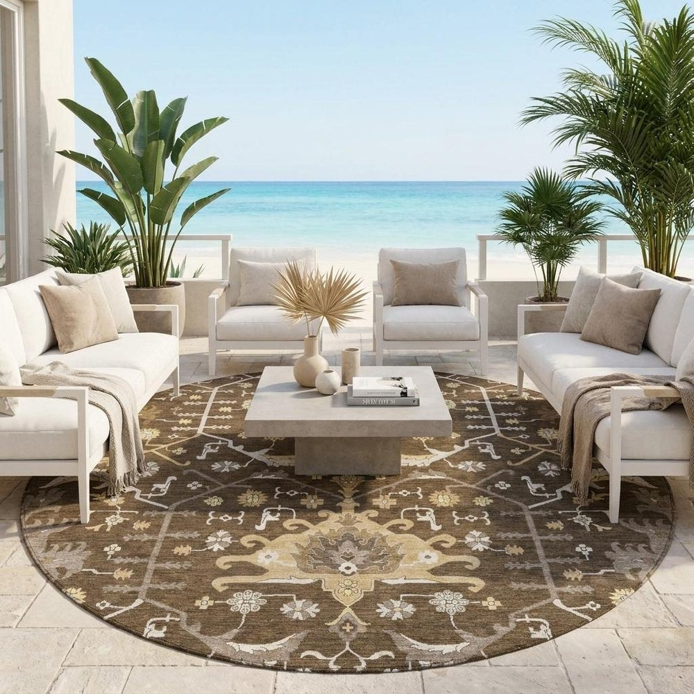8' Chocolate And Brown Round Oriental Washable Indoor Outdoor Area Rug HomeRoots