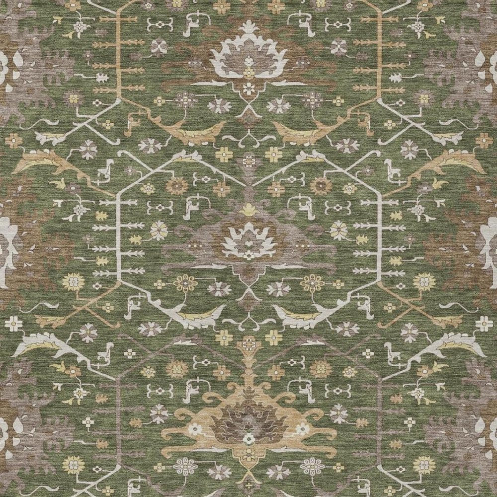 5' X 8' Olive Green And Green Oriental Washable Indoor Outdoor Area Rug