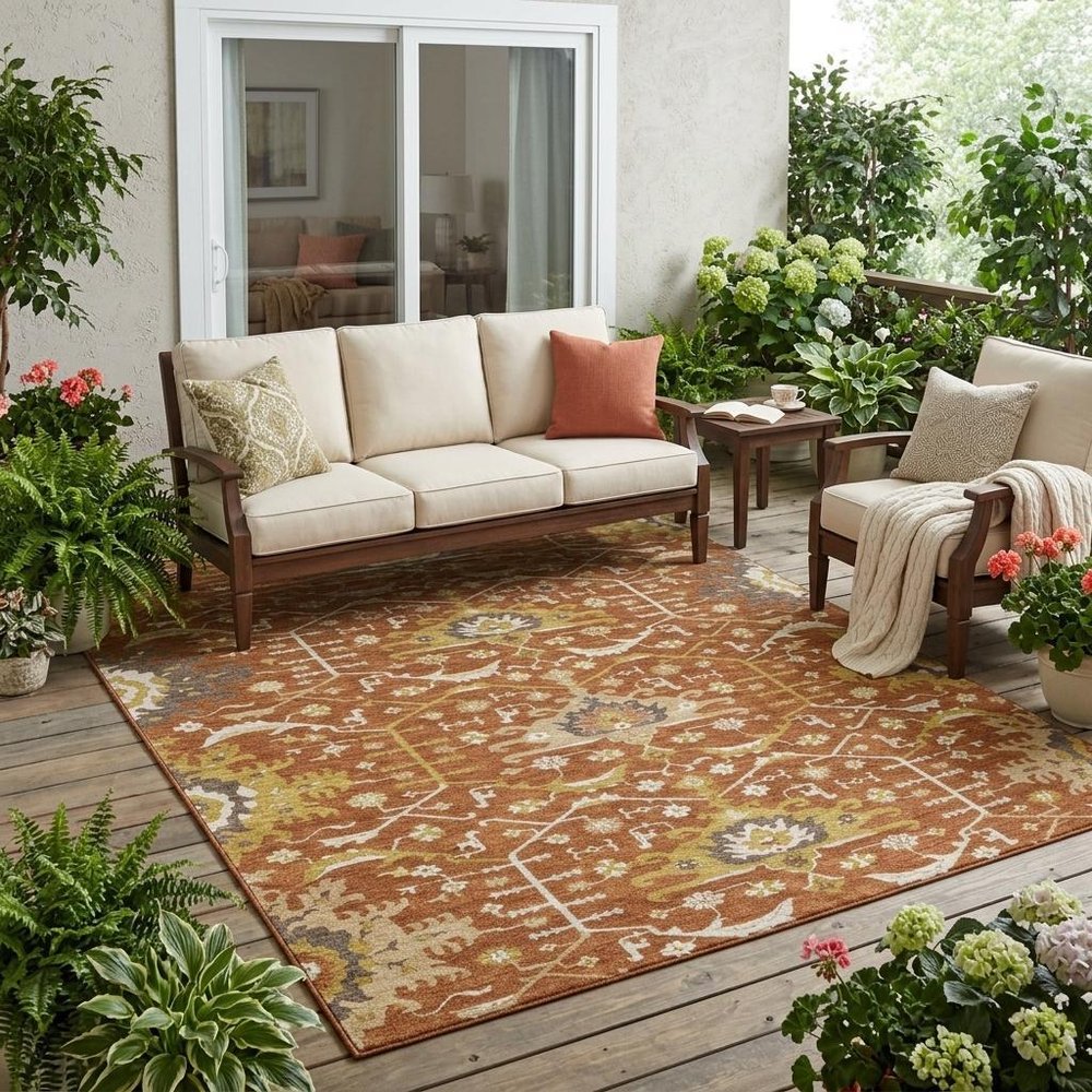 5' X 8' Orange And Brown Oriental Washable Indoor Outdoor Area Rug HomeRoots