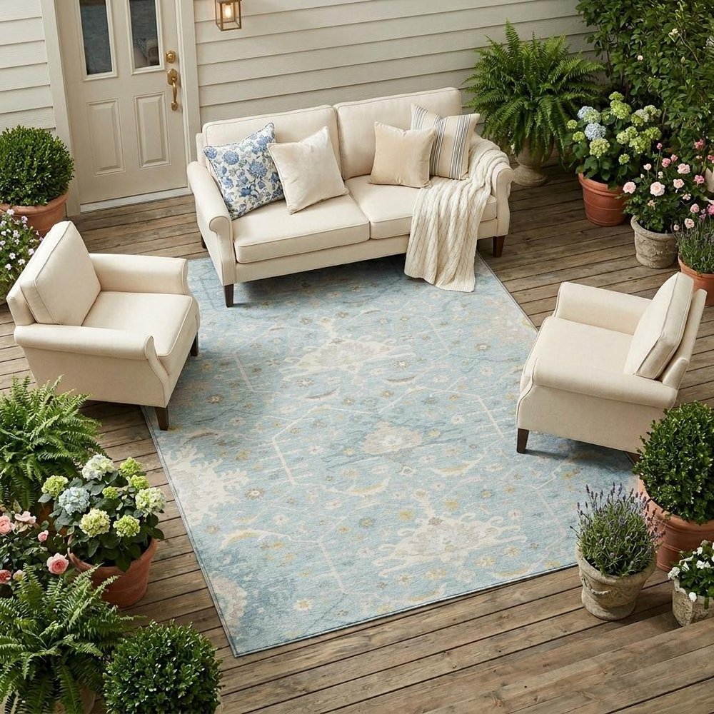 8' X 10' Sky Blue And Blue Oriental Washable Indoor Outdoor Area Rug HomeRoots