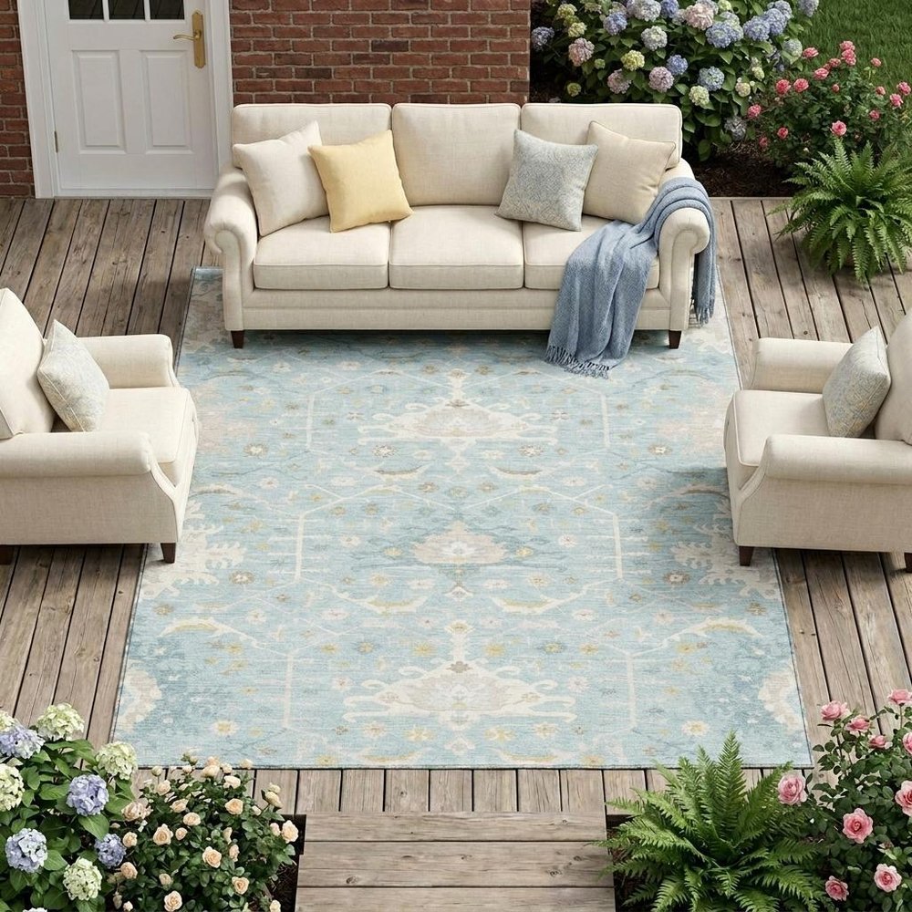 9' X 12' Sky Blue And Blue Oriental Washable Indoor Outdoor Area Rug HomeRoots