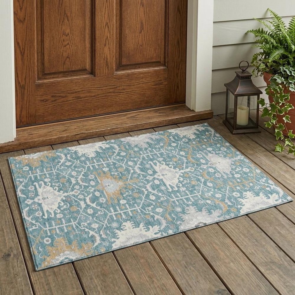 3' X 5' Teal Blue And Silver Oriental Washable Indoor Outdoor Area Rug HomeRoots