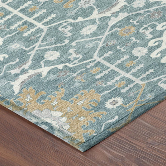 5' X 8' Teal Blue And Silver Oriental Washable Indoor Outdoor Area Rug