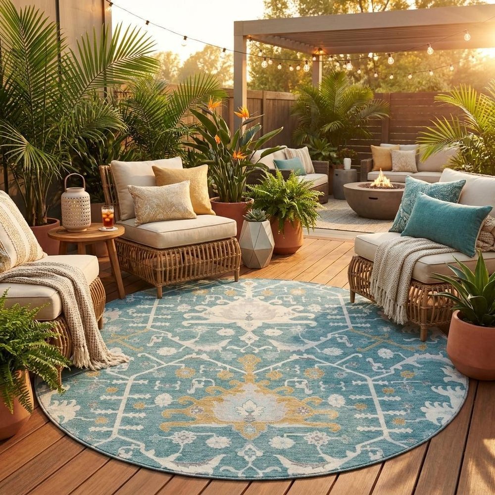8' Teal Blue And Silver Round Oriental Washable Indoor Outdoor Area Rug HomeRoots