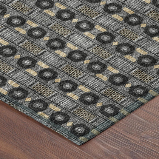 10' X 14' Black And Graphite Striped Washable Indoor Outdoor Area Rug