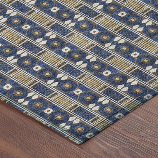 9' X 12' Navy Blue And Blue Striped Washable Indoor Outdoor Area Rug