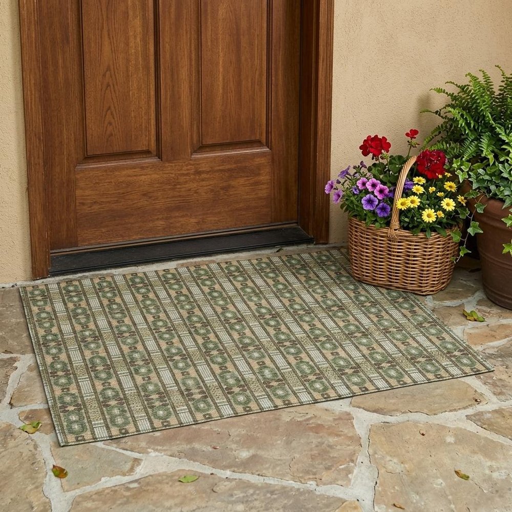 3' X 5' Olive Green And Green Striped Washable Indoor Outdoor Area Rug HomeRoots
