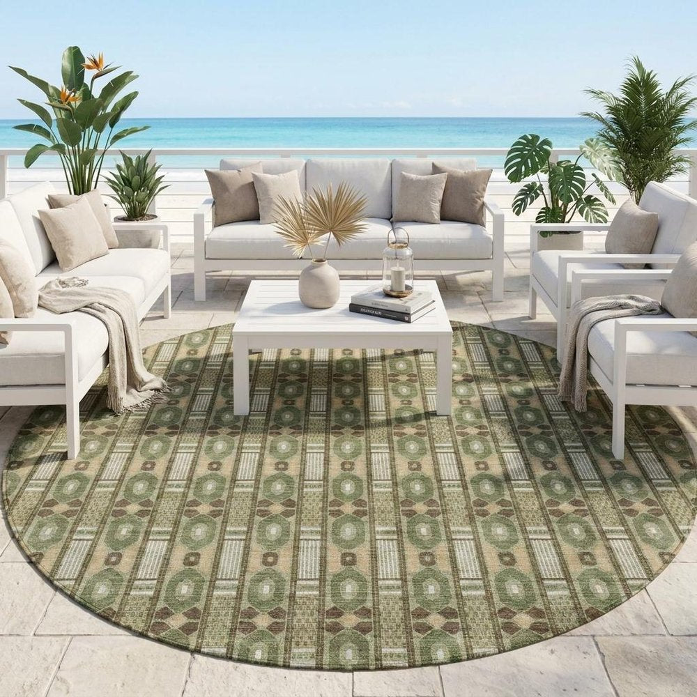 8' Olive Green And Green Round Striped Washable Indoor Outdoor Area Rug HomeRoots