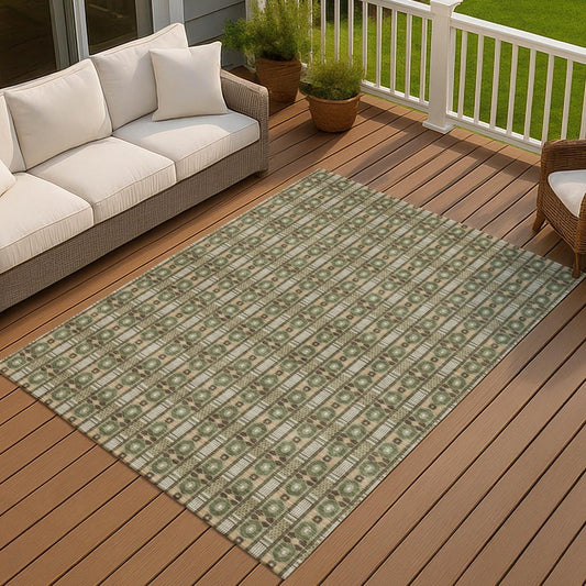 10' X 14' Olive Green And Green Striped Washable Indoor Outdoor Area Rug