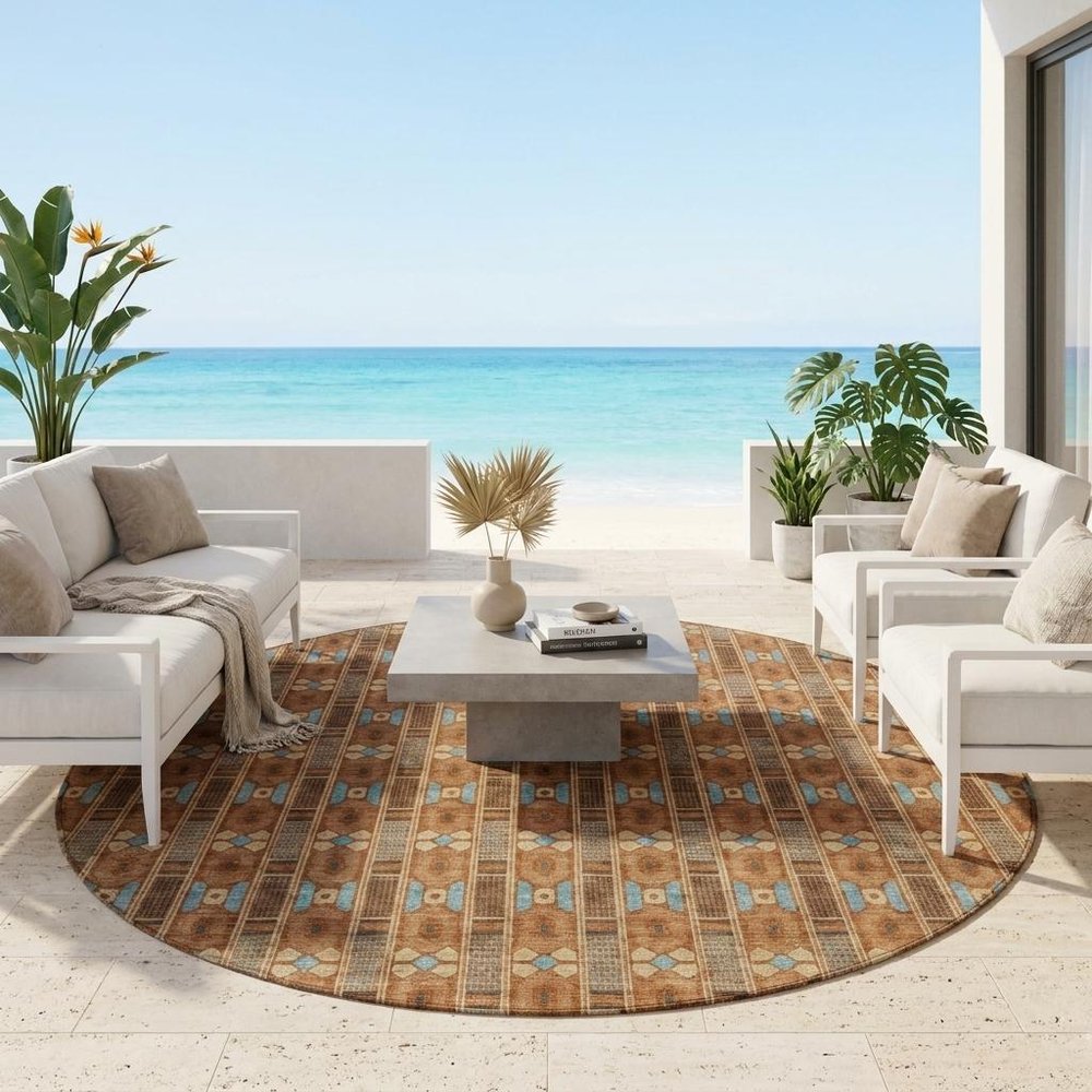 8' Orange And Teal Blue Round Striped Washable Indoor Outdoor Area Rug HomeRoots