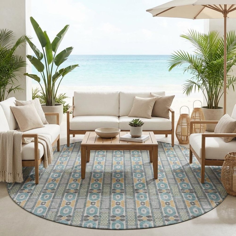 8' Teal Blue And Silver Round Striped Washable Indoor Outdoor Area Rug HomeRoots