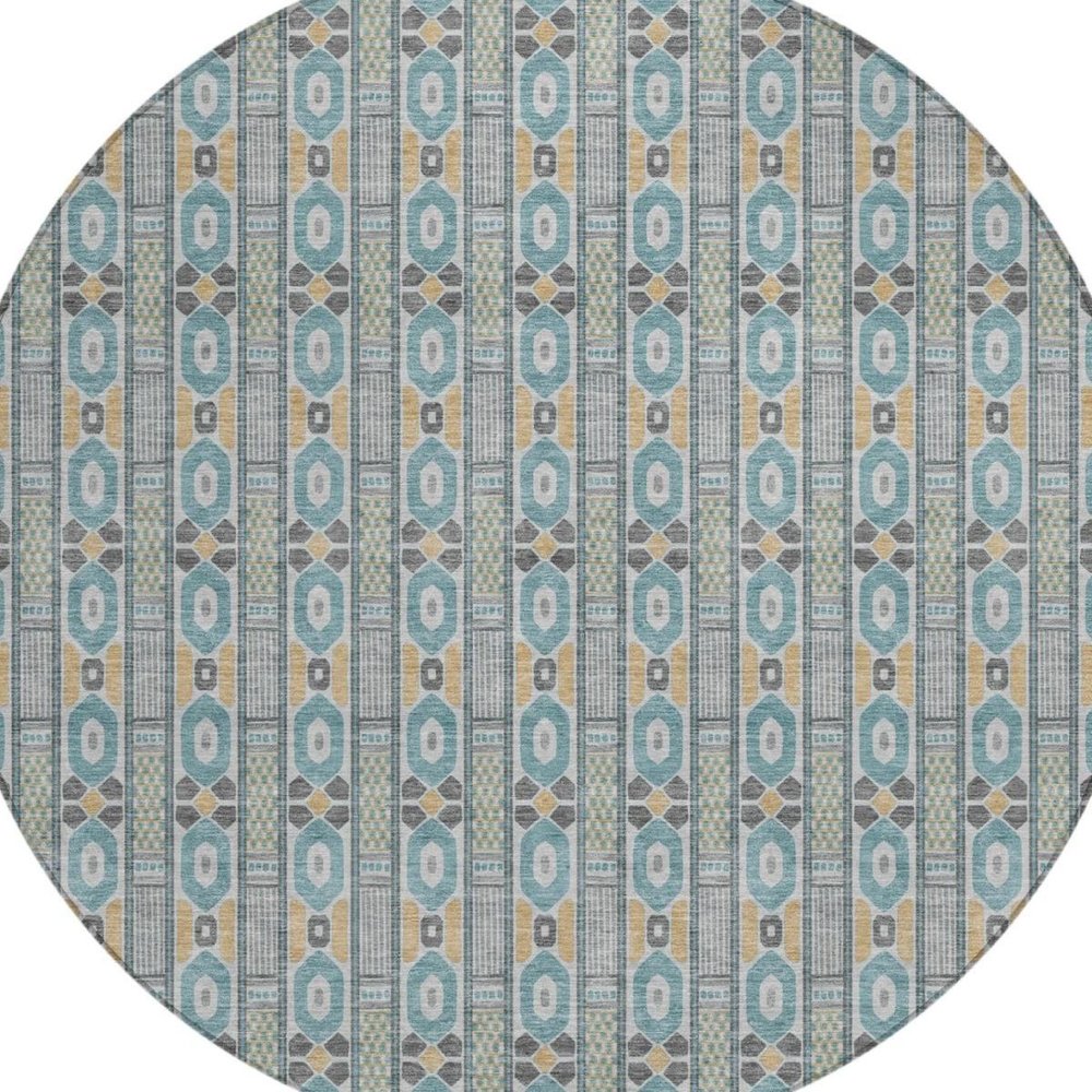 8' Teal Blue And Silver Round Striped Washable Indoor Outdoor Area Rug