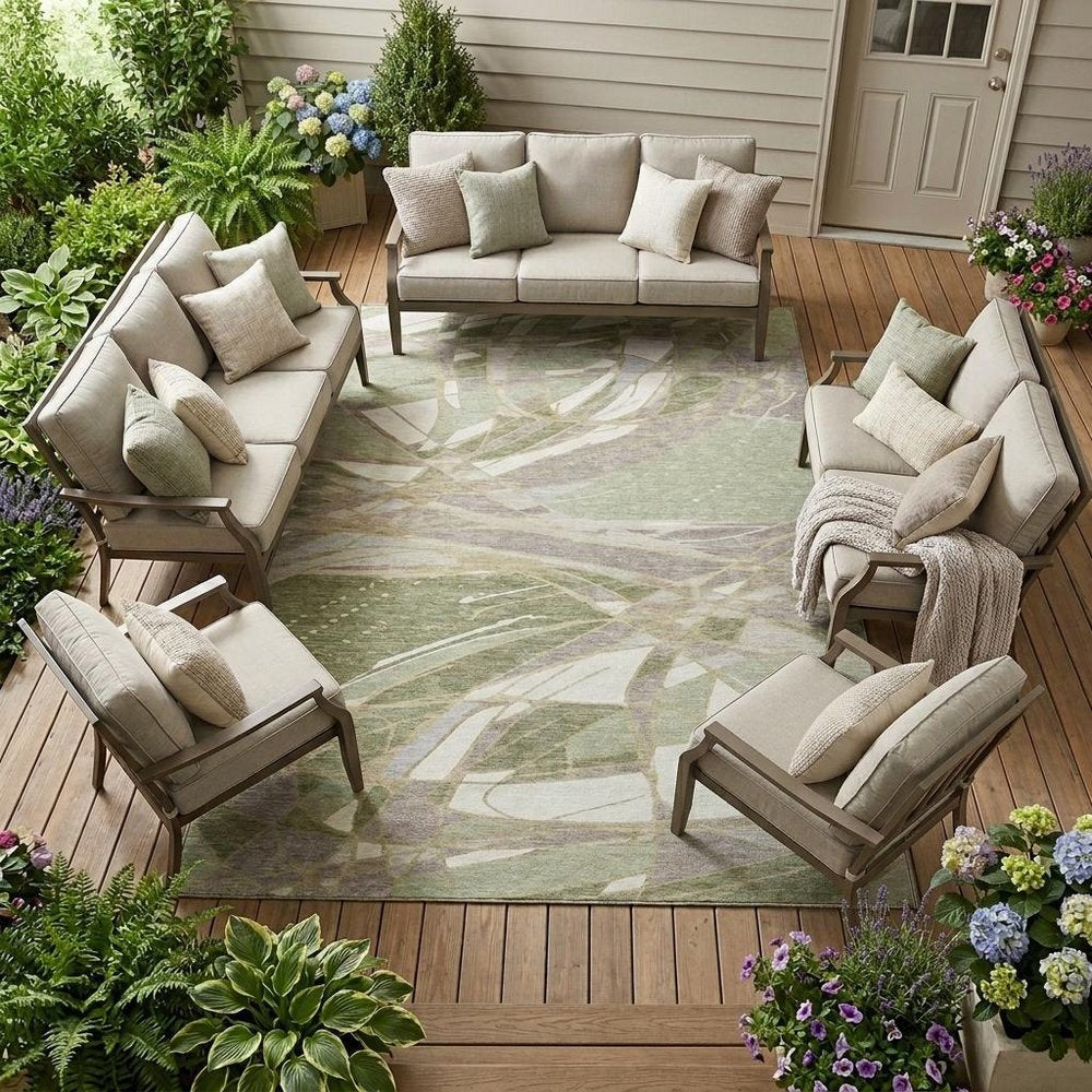 10' X 14' Green And Ivory Abstract Washable Indoor Outdoor Area Rug HomeRoots