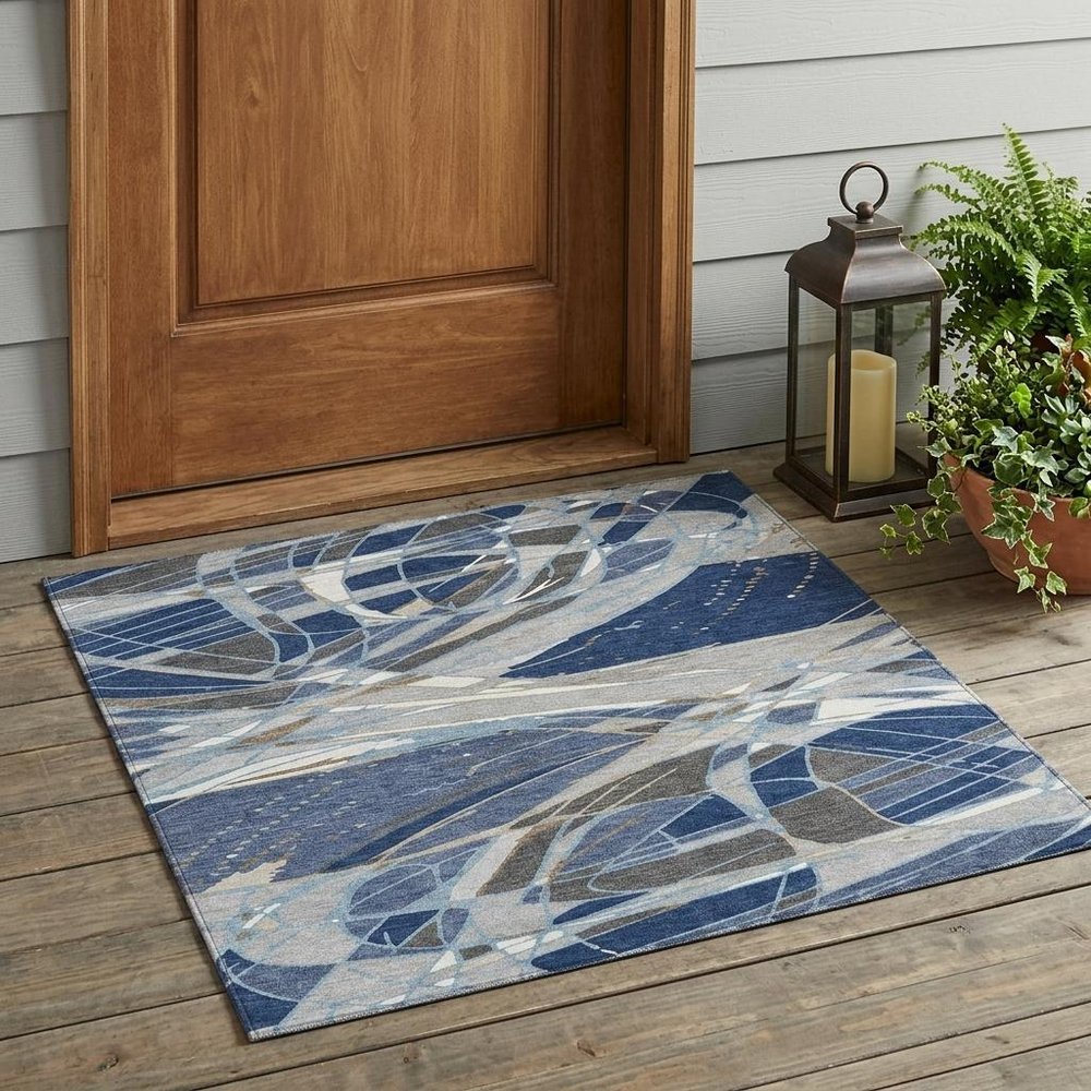 3' X 5' Navy Blue And Blue Abstract Washable Indoor Outdoor Area Rug HomeRoots