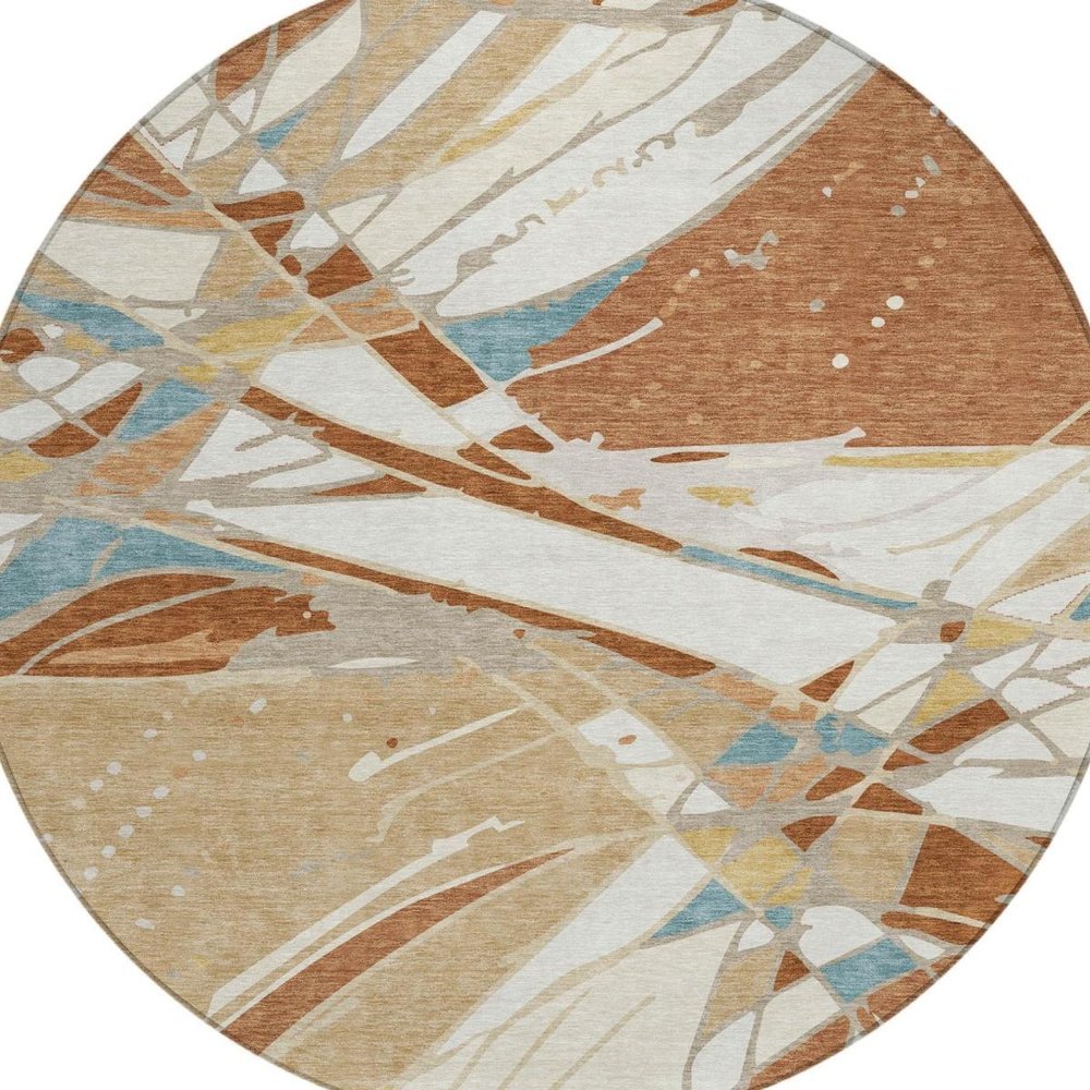 8' Rust And Orange Round Abstract Washable Indoor Outdoor Area Rug