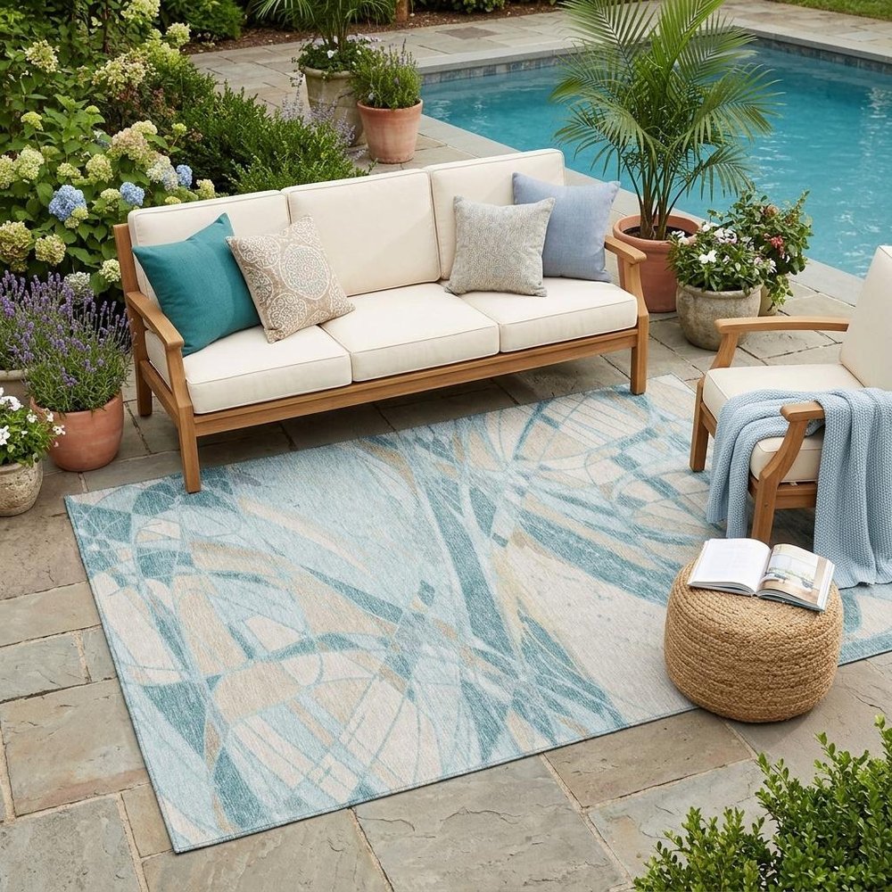 5' X 8' Teal Blue And Silver Abstract Washable Indoor Outdoor Area Rug HomeRoots